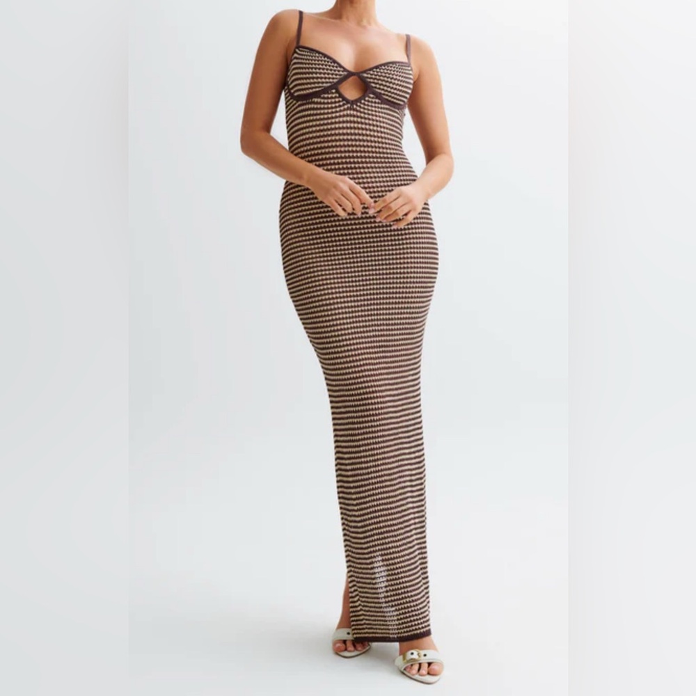 MESHKI Striped Brown and Cream Maxi Dress